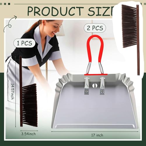 Pasimy 2 Pack 17" Metal Dust Pan and Brush Set, Large Heavy Duty Handheld Industrial Dustpan with Handle Debris Sweeping Tool Metal Edge Flat Against Floor for Outdoor Patio Yard Garage(Sliver) - color: Sliver