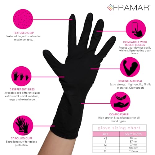 FRAMAR Black Nitrile Gloves Disposable Latex Free – Extra Large Nitrile Gloves xl, For Hair Dye, Cleaning, Tattoo, Mechanics – Extra Durable & Resistant, 12 Inches Long – 100 Pack - size: X-Large