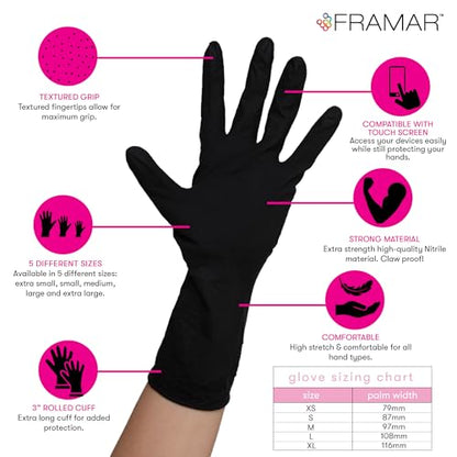 FRAMAR Black Nitrile Gloves Disposable Latex Free – Extra Large Nitrile Gloves xl, For Hair Dye, Cleaning, Tattoo, Mechanics – Extra Durable & Resistant, 12 Inches Long – 100 Pack - size: X-Large
