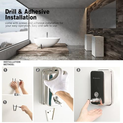 Stainless Steel Soap Dispenser for Home – 16.9oz Wall Mount, Anti-Leak Pump, Brushed Nickel Finish, Space-Saving Design for Kitchen & Bathroom - size: Vertical 16.9oz