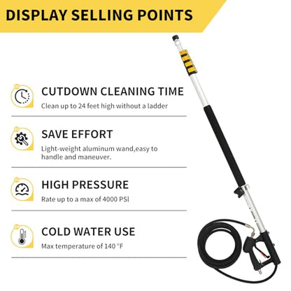 24 FT Telescoping Pressure Washer Wand with Pressure Washer Extension Wand, Brush Head, Gutter Cleaner, 5 Spray Nozzle Tips, 2 Hose Adapters and Support Belt