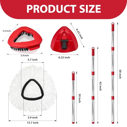 Spin Mop Heads, Handle, Base, Scrubber Head Replacement for OCedar EasyWring 1-Tank System, Microfiber Mop Refills, 30-58in Adjustable 4-Section Handle, Floor Cleaning(No Bucket)