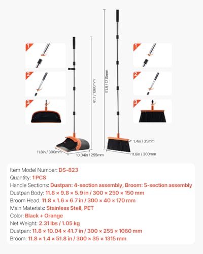 VEVOR Broom and Dustpan Set, Heavy Duty Dustpan and Broom Combo with Self-Cleaning Teeth, Metal Upright Standing Dust Pan with Long Handle, Ideal for Home, Restaurant, Office, Dorm, Black+Orange