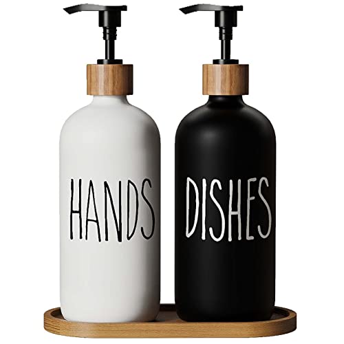 Dish Soap Dispenser for Kitchen,Glass Hand Soap Dispenser, Modern Farmhouse Decorfor Bathroom,Kitchen Decor - color: Black White & Wood Tray