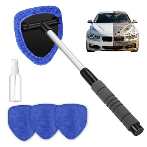 Car Windshield Cleaning Tool, Microfiber Wand Window Cleaner Kit for Auto Glass, 2026 Upgraded Car Window Cleaner with Reusable Washable Pads, Interior Exterior Glass Scrubbing Wand (Blue - Triangle) - color: Blue - Triangle