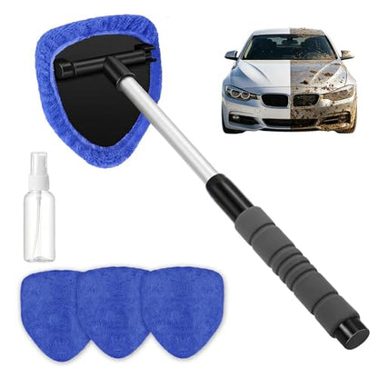 Car Windshield Cleaning Tool, Microfiber Wand Window Cleaner Kit for Auto Glass, 2026 Upgraded Car Window Cleaner with Reusable Washable Pads, Interior Exterior Glass Scrubbing Wand (Blue - Triangle) - color: Blue - Triangle