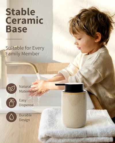 BosilunLife Foam Soap Dispenser - Ceramic Foaming Hand Dispenser for Bathroom Modern Farmhouse Small Soap Dispenser Hand Pump Dispenser for Kitchen Sink (Greige with Speckle, Foam Pump) - color: Greige-foam Pump