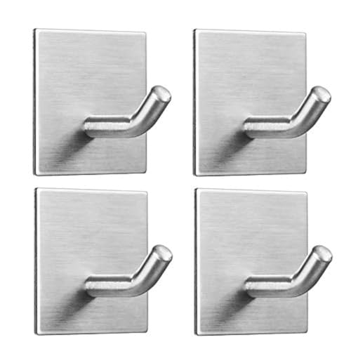 FOMANSH Heavy Duty Adhesive Hooks, Stick on Wall Adhesive Hangers, Strong Stainless Steel Holder, Self Adhesive Hooks for Kitchen Bathroom Home Door Towel Coat Key Robe 4 Packs Silver - color: Silver, size: 4 Pack