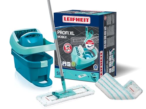 Leifheit Floor Cleaning Profi XL Mop and Bucket Set – 42 cm Microfibre Mop for Large Floors with 360° Joint, Foot-Pedal Wringing System, Heavy Duty 8 L Bucket, Easy Moist or Wet Cleaning, Turquoise - style: Set Mobile