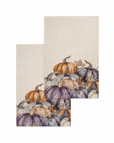 Purple Pumpkins Hand Towels Set,Waffle Weave Kitchen Towels 2 Pieces,Microfiber Hair Face Bath Tea Towel Absorbent Quick Drying Cleaning Dish Cloths,Fall Thanksgiving Vintage Maple Leaves 15.7"x23.6" - color: Purple Orange Natural Beige, size: 2PCS,15.7"x