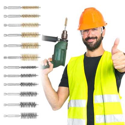 12 Pcs Bore Brush for Drill Wire Bore Brush Set Wire Cleaning Set for 1/4 Inch Hex Shank Power Drill Impact Driver (Stainless Steel, Brass, 8/10/12/15/17/19 mm)