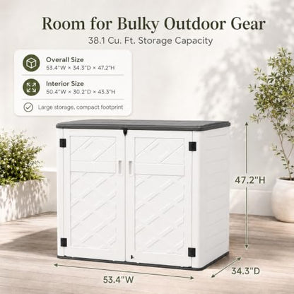 ADDOK 38 Cu.Ft Outdoor Storage Shed with Floor,Large Waterproof Resin Storage Cabinet with Lift-Up Lid,Double Doors and Lockable Design for Lawn Mower,Garden Tools, Patio,Backyard and Pool Supplies - size: Off-White 38 Cu.Ft