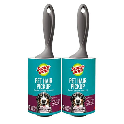 Scotch-Brite Pet Hair Pickup Extra Sticky Lint Roller with Handle, 50% Stickier, Fur and Fluff Remover for Clothes Furniture Couches Car Seats, 4 in x 54.9 ft, 2 Pack, 200 Easy-Tear Sheets - size: 2 Pack