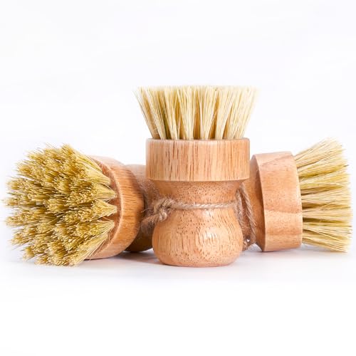 Diahom Bamboo Dish Brush Scrubber 3 Pack for Cleaning Pot Pans Hanging Rope Kitchen Dishwashing