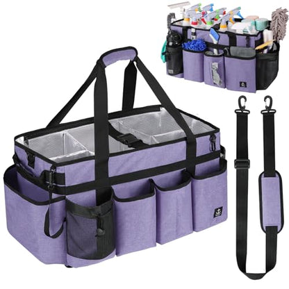Extra large Cleaning Caddy Bag Built-in Sturdy Support Board, Cleaning Organizer with Detachable Divider, Cleaning Supply Tote with Adjustable Shoulder Strap (Purple, 19'' x 11'' x 11'') - color: Purple