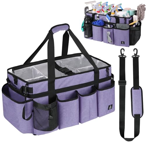 Extra large Cleaning Caddy Bag Built-in Sturdy Support Board, Cleaning Organizer with Detachable Divider, Cleaning Supply Tote with Adjustable Shoulder Strap (Purple, 19'' x 11'' x 11'') - color: Purple
