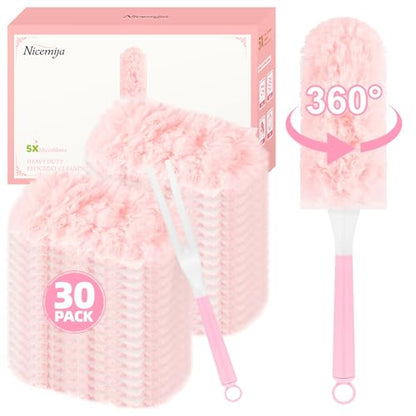 30 Count Pink Duster Refills Compatible with Swiffer Handle, 360° Multi-Surface Duster Refills with 1 Handle, 5X Microfibers Disposable Dusters for Home, Office Cleaning - color: 30 Pink Refills + Short Handle