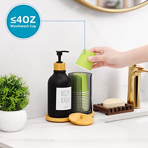 VITVITI Mouthwash Dispenser for Bathroom, Mouth Wash Pump Bottle with Paper Cup Holder, 17Oz Refillable Black Mouthwash Container with Bamboo Lid/Tray/Label - color: Black