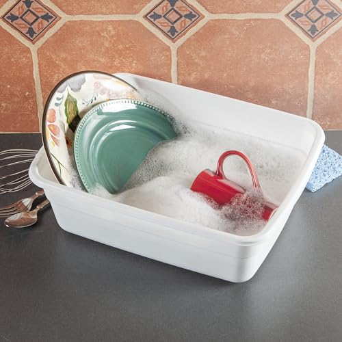 (2 Pack) White Plastic Multi-Purpose Dishpan, Durable Wash Tub for Kitchen Sink, Cleaning, Washing Dishes, Laundry and Household Daily Use