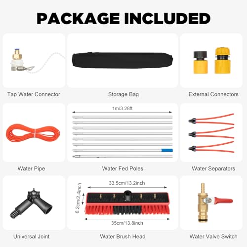 24ft Extendable Water Fed Pole Cleaning Kit, 3-in-1 Wash/Brush/Scrape, Adjustable Brush Head, Lightweight Aluminum Alloy Poles, Cleaning Brush Washing Tool for High-Rise Window, Solar Panel