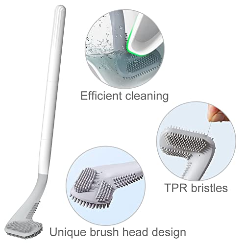 Toilet Brush, Long Handle Golf Toilet Brush with Holder 360° Deep Cleaning Flexible Silicone Toilet Cleaner Brush Wall Mounted for Bathroom (White) - color: White