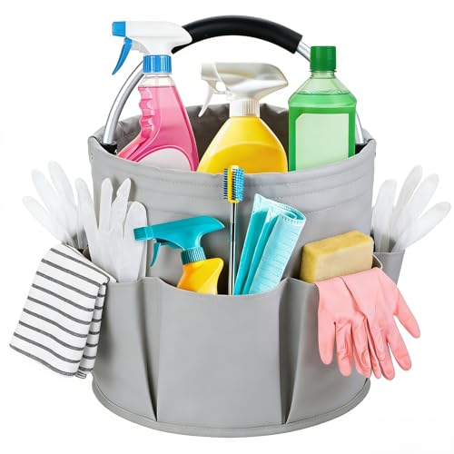 17L Foldable Cleaning Caddy with Handle - Portable Oxford Fabric Storage Bucket, Organiser for Cleaning Supplies, Toiletries, Home, Garden, Picnic & Beach (Apricot Gray) - color: Apricot Gray