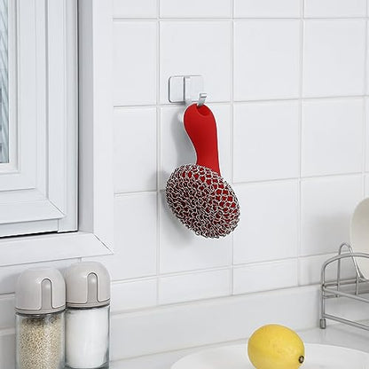 SUBEKYU Cast Iron Scrubber with Silicone Handle, Stainless Steel Cast Iron Skillet Cleaner Chainmail Scrubber for Cast Iron Pans, Red - color: Red
