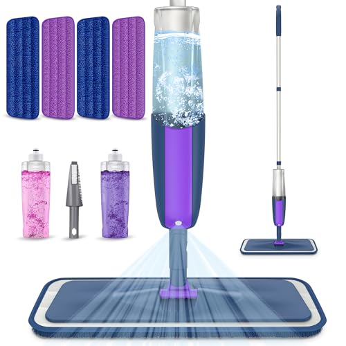 Spray Mops for Hardwood Floors Cleaning: MEXERRIS Wet Mop with 2 Refillable Bottles - Floor Mop with 4 Washable Pads for Swiffer PowerMop - Home Commercial Dry Dust Mops for Laminate Tile Vinyl Wood - color: Purple