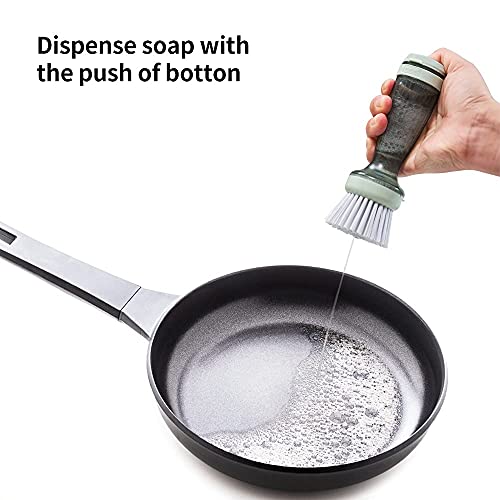 CQT Dish Brush with Soap Dispenser – One-Press Suds, Built-in Scrubbing Pad, Non-Slip Handle for Pots, Pans & Non-Stick Cookware – Includes 2 Refill Heads - color: Green