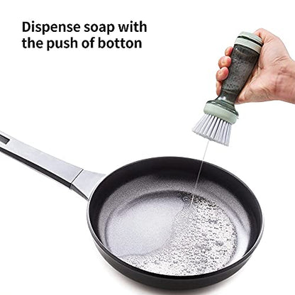 CQT Dish Brush with Soap Dispenser – One-Press Suds, Built-in Scrubbing Pad, Non-Slip Handle for Pots, Pans & Non-Stick Cookware – Includes 2 Refill Heads - color: Green