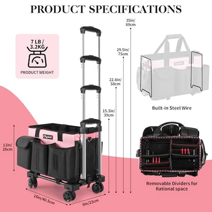 Chyaidach Rolling Cleaning Caddy, Cleaning Supplies Organizer with Trolley, Wearable Cleaning Tote Bag on Wheels with Hard Bottom, Cleaning Carts for Housekeepers/Home/Car/Office/Picnic (Pink) - color: Pink