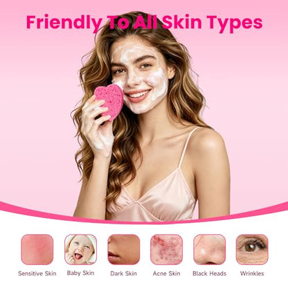 80-Count Compressed Cellulose Heart Shape Facial Sponges – 100% Natural Cosmetic Sponges for Gentle Facial Cleansing, Exfoliating, Makeup Remover & Mask Application, Reusable Travel Size
