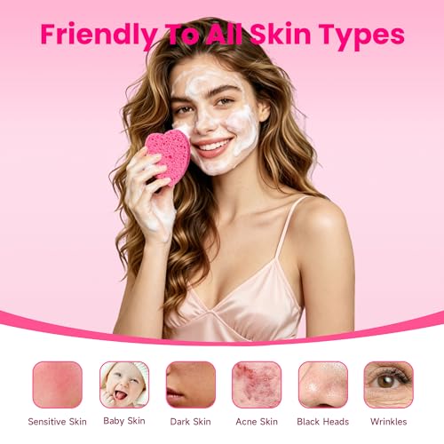 Silkyhose Women 120-Count Compressed Cellulose Heart Shape Face Facial Sponges 100% Natural Cosmetic Sponges for Facial Cleansing Exfoliating Mask Skin Massage (（Pink） 120 Count)