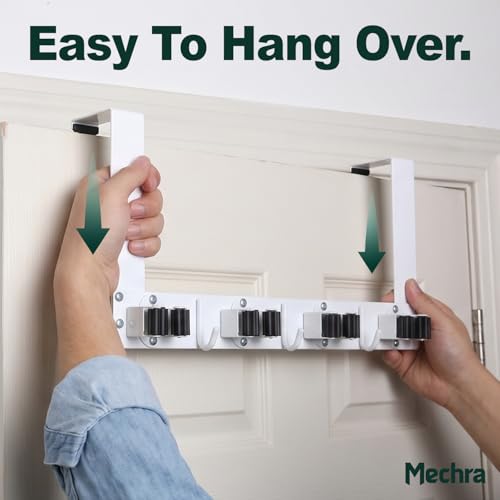 Over The Door Broom and Mop Holder, Heavy Duty Stainless Steel Organizer with 4 Slots and 3 Hooks, No Drilling Space Saving Tool Hanger for Kitchen, Laundry Room, Closet, and Garage - White - color: White
