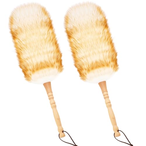 Lambswool Duster for Cleaning with Solid Wooden Handle Leather Hang Strap 19.6 inch Natural Feather Duster for Cleaning Ceiling Fans Window Blinds Computer Furniture(2 Pack) - size: 19.6Inch