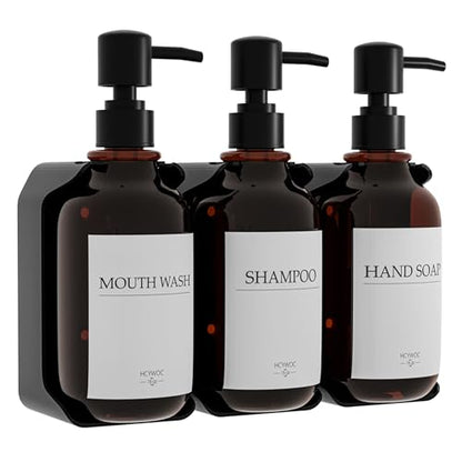 Shampoo and Conditioner Dispenser, Shower Soap Dispenser with 16 Waterproof Labels, Shampoo Dispenser for Shower Wall, Shower Dispenser 3 Chamber No Drill, 17oz, Amber - color: Amber