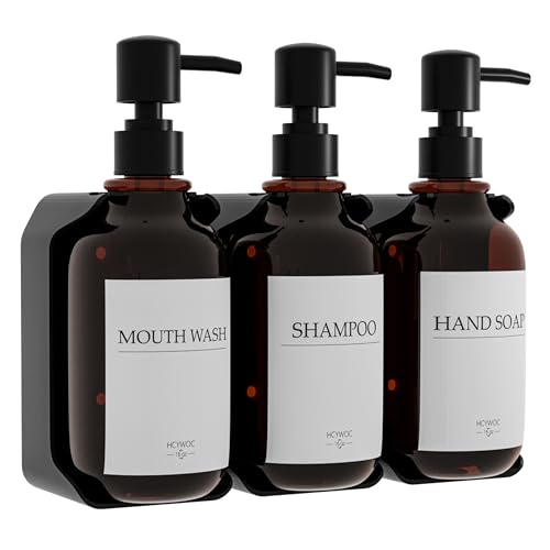 Shampoo and Conditioner Dispenser, Shower Soap Dispenser with 16 Waterproof Labels, Shampoo Dispenser for Shower Wall, Shower Dispenser 3 Chamber No Drill, 17oz, Amber - color: Amber
