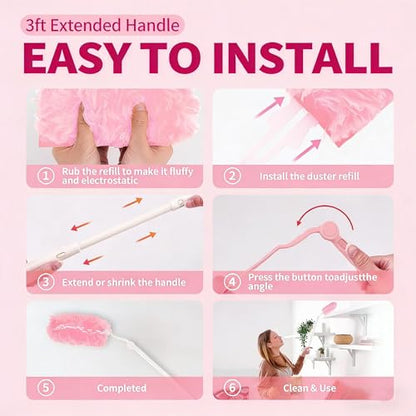 Pink Duster Refill for Swiffer Duster, 50 Count Disposable Dusters Kit for Cleaning Dusting Furniture Blind Ceiling Fan, Multi Surface 360 Feather Duster + 3FT Extended Handle + 1 Handle - color: 50 Count & 2 Handle (Pink)