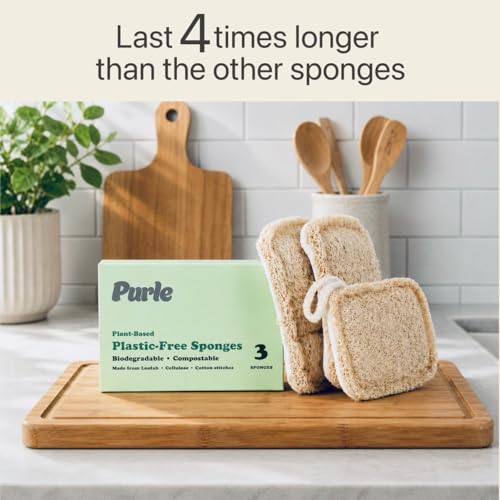 Purle Natural Kitchen Sponges, Eco-Friendly, Compostable Dish Sponges, Loofah & Cellulose Scrubbers, Plastic-Free, Zero-Waste, Biodegradable, Durable, Non-Scratch, Pack of 3