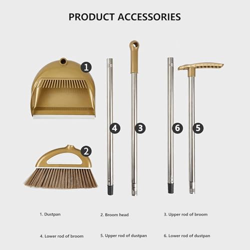 Broom and Dustpan Set, Long Handle Broom with Stand Up Dustpan Combo Set, Light Weight Stainless Steel Poles Stand Upright Dustpans and Broom Set, Broom with Dustpan for Home Kitchen Room - color: White