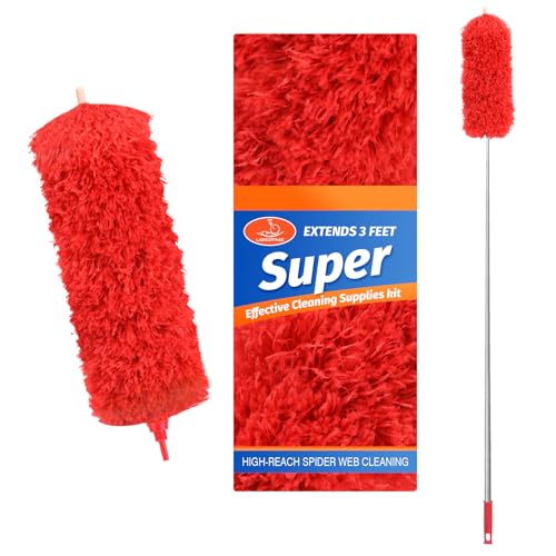 ZZ LAZYCOTTAGE Microfiber Duster with Extension Pole,Washable Bendable Head Ceiling Fan Duster,15-100 inch (Red) - color: Red