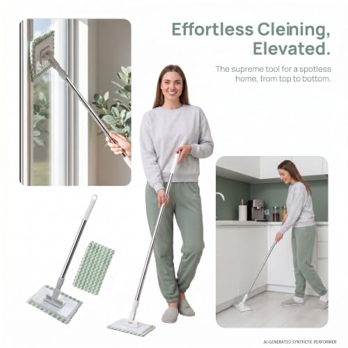 Mini Mop, Touch-Free Cloth Release Hands-Free Multi-Purpose Flat Mop with One-Click Press Lock, Use Thin Wipes or Soft Cloths, 39 in. Handle, Wet or Dry Tool for Small Spaces, 5 Cloths
