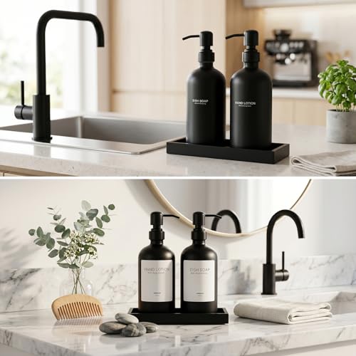 2 Packs Glass Dish Soap Dispenser Set for Kitchen, Hand and Dish Soap Dispenser with Stainless Steel Pump & Resin Tray, Rental-Modern Refillable Countertop Soap Dispenser for Bathroom,Matte Black - color: Matte Black
