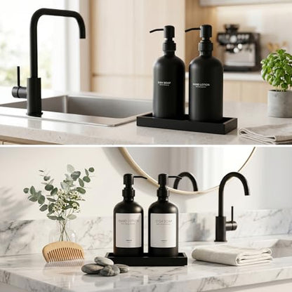 2 Packs Glass Dish Soap Dispenser Set for Kitchen, Hand and Dish Soap Dispenser with Stainless Steel Pump & Resin Tray, Rental-Modern Refillable Countertop Soap Dispenser for Bathroom,Matte Black - color: Matte Black