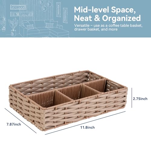 Whitmor 4-Compartment Woven Storage Basket with Dividers, Divided Makeup Organizer and Drawer Split Rattique Bin for Bathroom Countertop, Vanity, Office Desk, 11.8x7.9x2.8 Inches, Light Brown