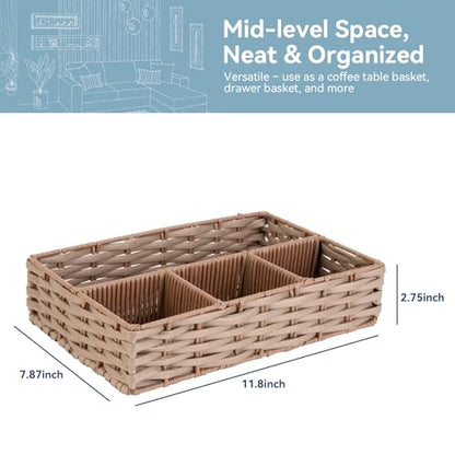 Whitmor 4-Compartment Woven Storage Basket with Dividers, Divided Makeup Organizer and Drawer Split Rattique Bin for Bathroom Countertop, Vanity, Office Desk, 11.8x7.9x2.8 Inches, Light Brown