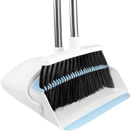 Broom with Dustpan Combo Set for Home, 52-in Long Adjustable Handle Angle Broom and Dustpan Set with Dustpan Comb Teeth for Sweeping Pet Hair Food Dirt Kitchen (White-Blue) - color: White-blue