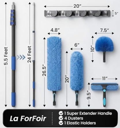 30ft High Ceiling Duster Kits with 5-24ft Heavy Duty Extension Pole - Fan Blade Cleaner, Cobweb Remover & Blue Window Squeegee Kit, Washable Dust Brush for High Roof and Glass Surfaces - size: 24FT