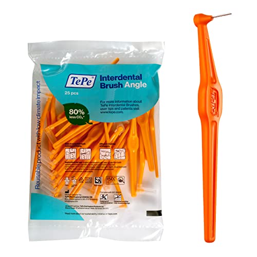 TePe Interdental Brush Angle, Angled Dental Brush for Teeth Cleaning, Pack of 25, 0.45 mm, Extra-Small/Small Gaps, Orange, Size 1 - color: Orange