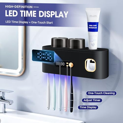 Toothbrush Cleanerst Holders,Smart Drying and Cleaning Wall Mounted Holder with Automatic Toothpaste Dispenser, 5 Brush Slots 2 Cups for Bathroom (Black) - color: Black